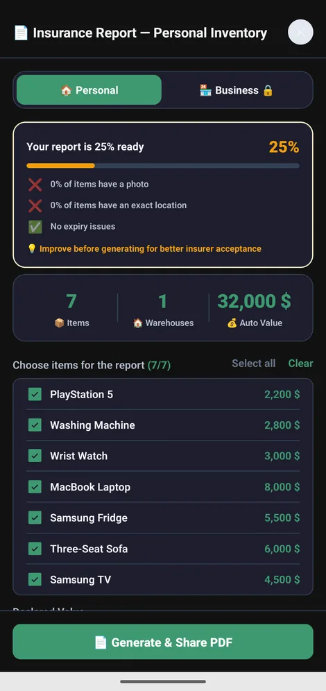 Insurance report screen — readiness score, items and calculated value