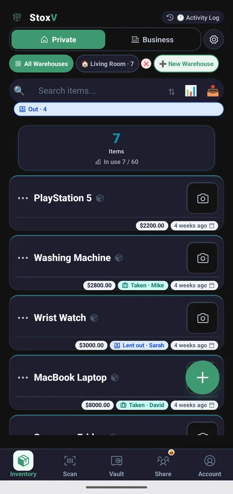 StoxV inventory screen — documented items, who-took-what tracking