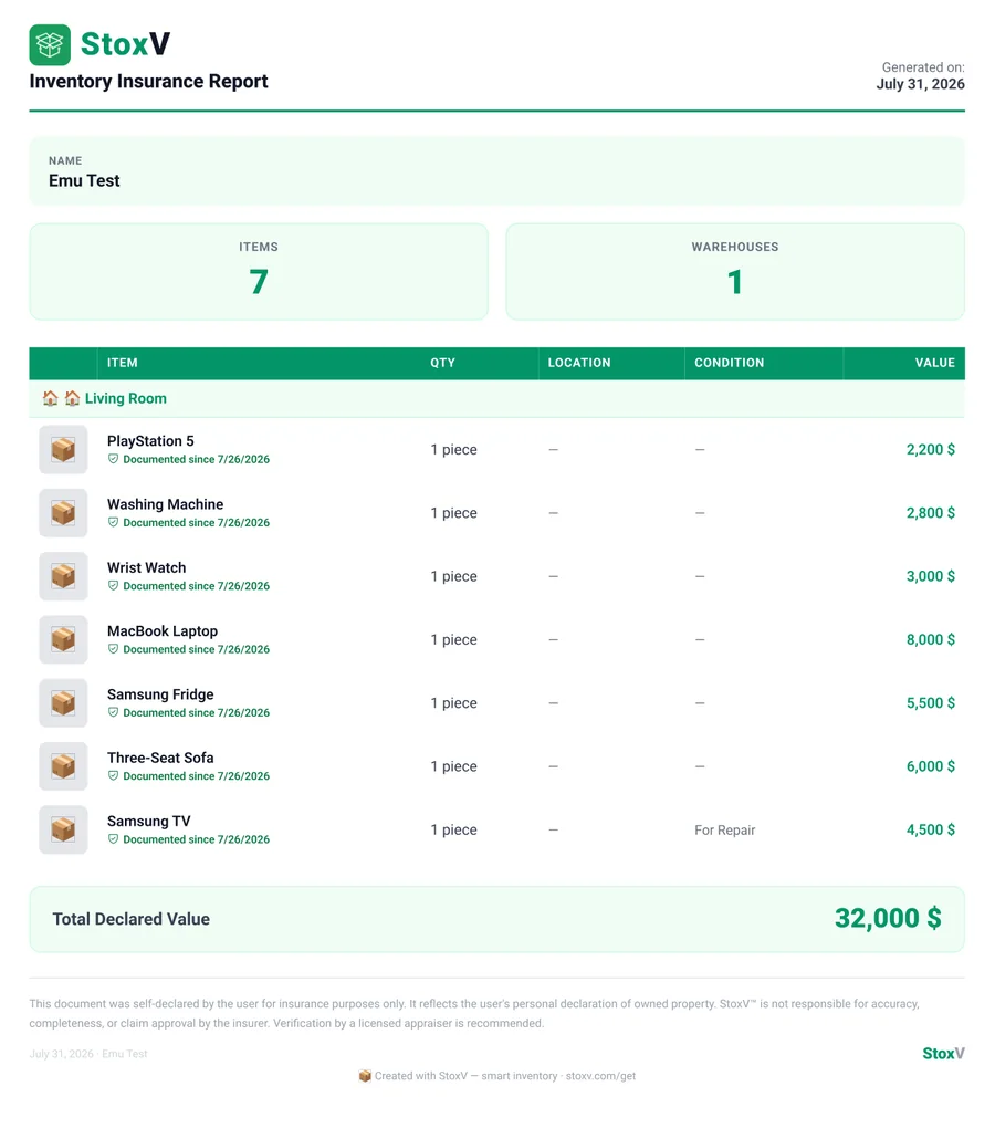 Insurance inventory report generated by StoxV — item table with values, documentation dates and total